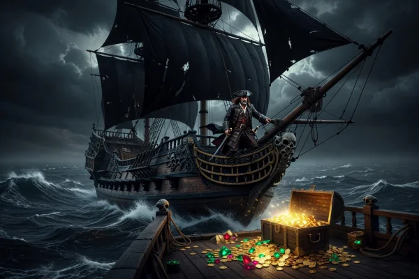 Cinematic dark ocean with a majestic pirate ship and glowing treasure